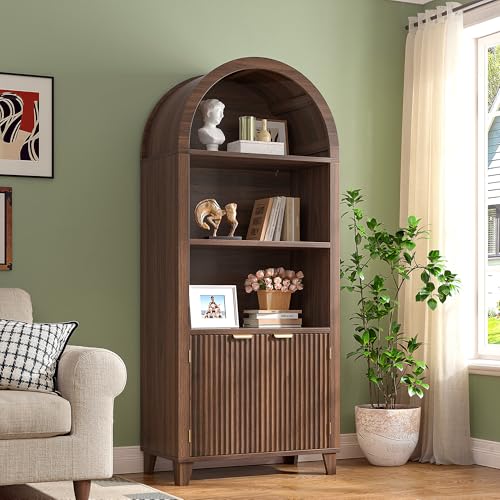 DurayLoly Bookshelf Arched Cabinet,5-Tier Arched Bookcase with Fluted Doors and Adjustable Shelves,Wooden Storage Cabinet with Open Display Shelf for Office,Living Room, Walnut