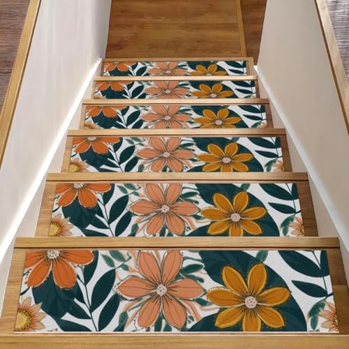Tapis d'escalier antidérapants lavables marches bois 20,3x76,2 cm fleurs