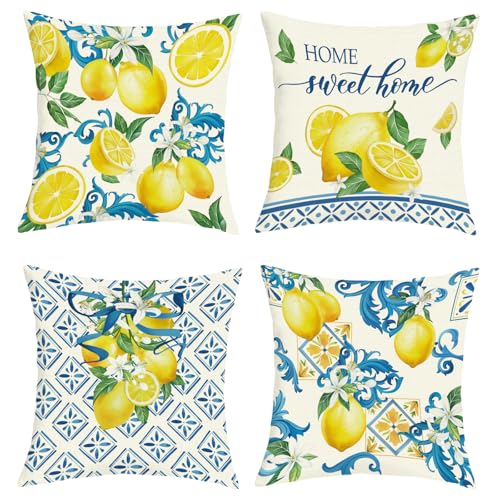 Joymaison Kissenbezüge 45x45 cm 4er Set Mediterran Zitrone Frühling Sommer Dekorative Kissenbezug Gelb Zitronen Blume Italien Blau Geometrisch Deko Kissenhülle für Sofa Couch Schlafzimmer Wohnzimmer