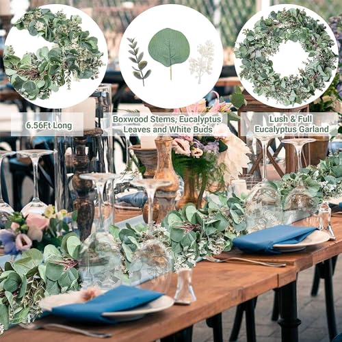 Ouddy Decor 2 Pack Eucalyptus Garland Total 13.1 Ft Lush Silver Dollar Eucalyptus Leaves with White Buds Boxwood Artificial Greenery Garland Vines for Baby Shower Wedding Party Table Home Mantle Decor