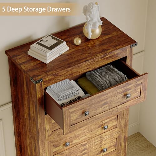 Image of Wodeer Brown Dresser Tall 5 Drawer Dresser for Bedroom, Wooden Dressers & Chests of Drawers with Metal Handles, Modern Storage Cabinet and Organizer Drawers for Bedroom, Hallway, Entryway