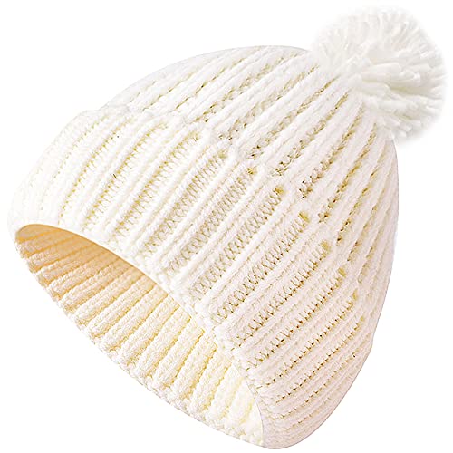 Malaxlx Kinder Wintermütze Baby Beanie Mütze Weiß Strickmütze Warme Bommelmütze für 2-8 Jahre Jungen Mädchen Cover