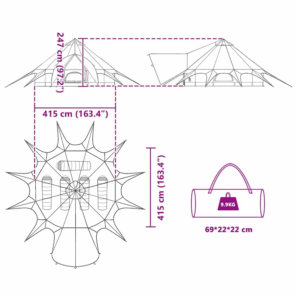 Teepee Zelt für Personen Grün und Grau x x aus 185T Polyester mit PU-Beschichtung, wasserdicht Winddicht, mit Luftventilen, integriertem Licht-Haken, Raumteiler