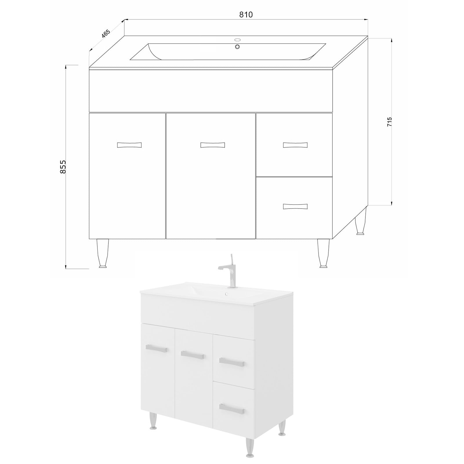 SANIVERRE Madrid Meuble Salle de Bain sur Pieds Simple Vasque Blanc Largeur 80 cm