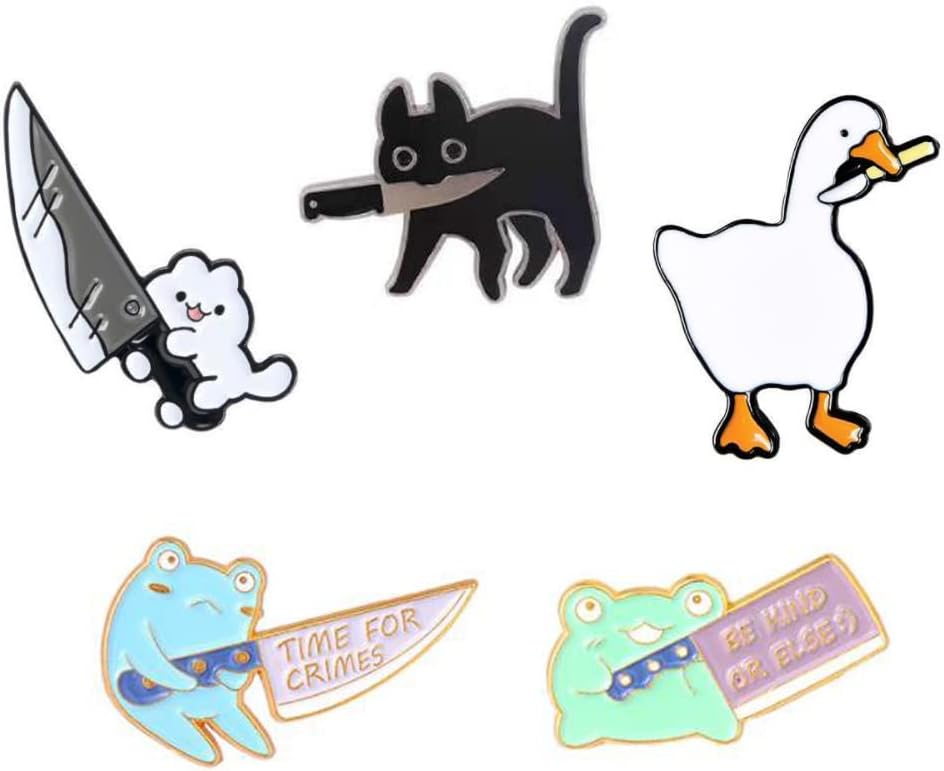 Animal With Knife Enamel Brooch Pin Set for Backpacks and Jackets - Cute Cartoon Frog Cat Duck Design for Kids Men Women