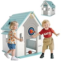 AIYAPLAY 5-in-1 Playhouse for Kids Outdoor Indoor, Garden House with Basketball Hoop, Football, Dartboard, Ring Toss, Wendy House for Kids 2-5 Years Old, Beige