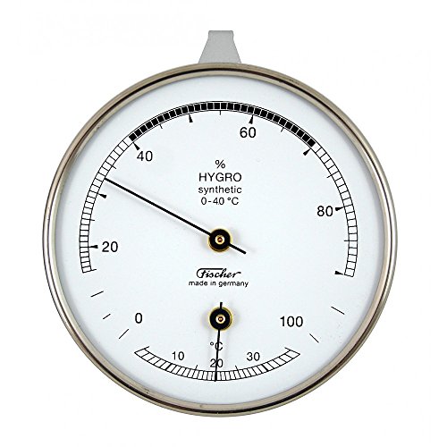 (Chrome Coloured) - Fischer Synthetic Hygrometer with Thermometer, Metal, Chrome Coloured, 30 x 8.7 x 30 cm