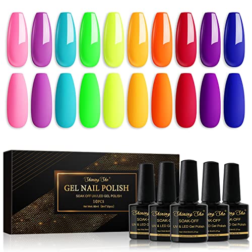 Shining She Smalto Semipermante Neon,10 Colori Fluo Rosa Verde Giallo Arancione Blu Viola Smalti Semipermanenti Soak Off UV/LED Smalto Semipermanente Unghie per Nail Art Salone,8ML
