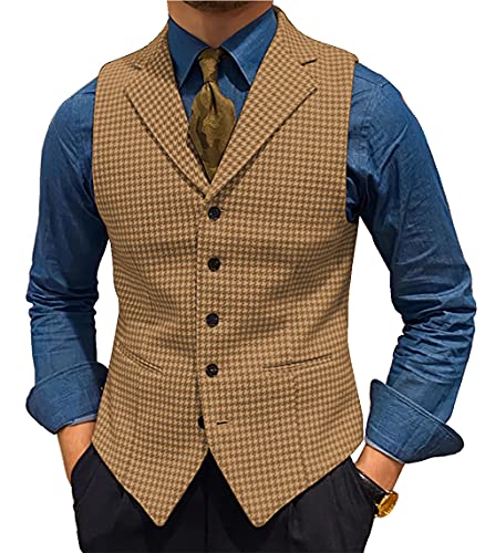 Mens Retro Wool Suit Vest Houndstooth Waistcoat Tweed Herringbone for Tuxedos3