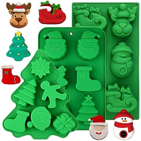HUAKENER 3 Pack Christmas Soap Molds, Large Size Xmas Silicone Mold for Handmade Soap, Mini Cakes, Chocolate, Candy, Jello Cover