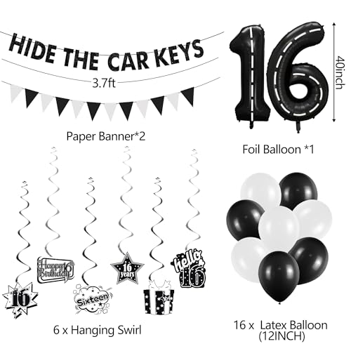 Image of Holkcog Black 16th Birthday Party Decorations for Boys, Cheers To 16 Years