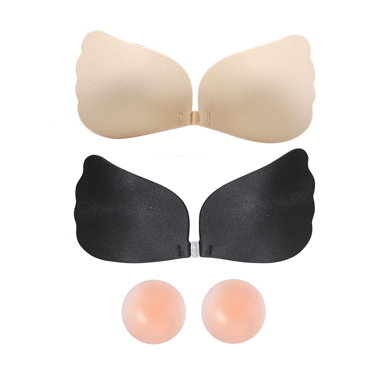 Bkepdy Women's Beige 2Pcs Invisible Strapless Bras Adhesive Push Up Bra Reusable Skin Friendly Silicone Sticky Stick On Bra & 2Pcs Nipple Covers Padded For Backless Evening Dress