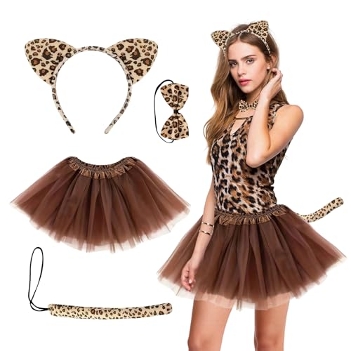 Leopard Kostüm Set for Erwachsener Enthalten Haarband mit Leopardenmuster Fliege Schleife Tutu Rock, Leoparden Kostüm Zubehör für Karneval Kostüm Weltbuchtag Party Halloween Damen Herren