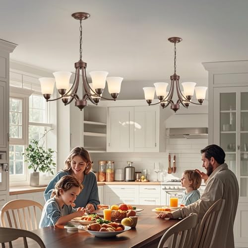 Image of 6 Light Oil Rubbed Bronze Dining Room Light Fixture Farmhouse Modern Chandelier Pendant Light Bronze 47.2''Adjustable Ceiling Hanging Lighting with Frosted Glass for Kitchen Island Living Room Foyer