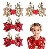 Haarspangen Haarschmuck Weihnachten, Glitzer Schleifen Haarspange Weihnachten Set, 4 Stück Weihnachts Hirsch Haarclips, Weihnachten Geschenke Haarklammern Spangen für Kinder Mädchen