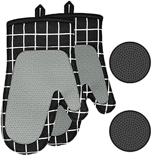 Anpole Oven Gloves Heat Resistant, Non Slip Silicon Oven Mitts with Cotton Lining and 2pc Pot Holder, Silicone Oven Gloves 250°C Heat Resistant Oven Mitt Cooking Gloves for Kitchen Baking Grilling