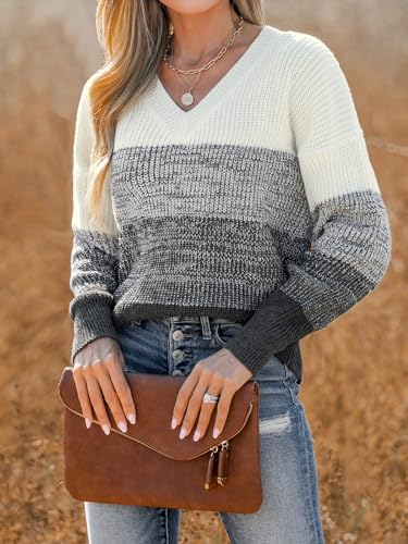 Image of CUPSHE Women Sweater Striped V-Neck Tops Long Drop Sleeve Pullover Casual