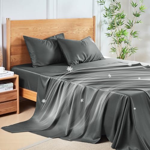 MR&HM Twin XL Sheets Set, 3-Piece Cooling Sheets, Rayon Derived from Bamboo & Polyester Blend, Soft & Silky, 15" Deep Pockets with Elastic Straps, Hotel Luxury for Hot Sleepers, Dark Grey