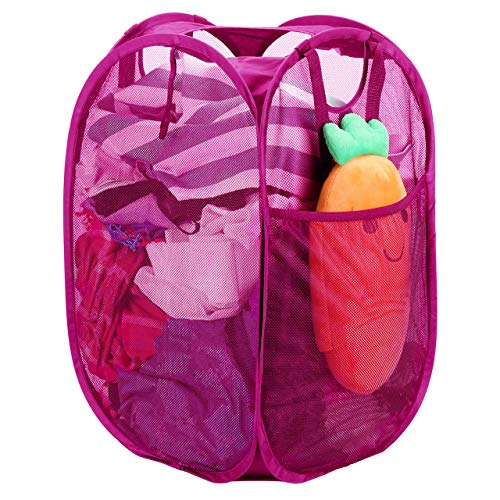 Image of HOUSE AGAIN Strong Mesh Pop Up Laundry Hamper, 70L Collapsible Laundry Basket with Steel Frame, Double‑Stitched Handles & Side Pocket, Foldable Dirty Clothes Hamper for Dorm, Bedroom, Pink