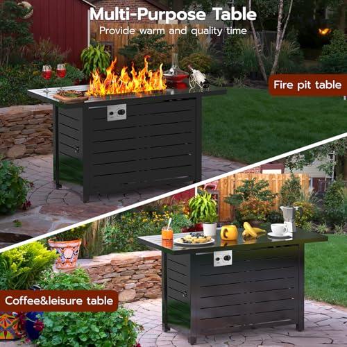 Xbeauty Fire Pit Propane Gas FirePit Table 43" Outdoor Fire Pit Rectangular Tabletop with Lid, Rain Cover, for Outside Garden Backyard Deck Patio