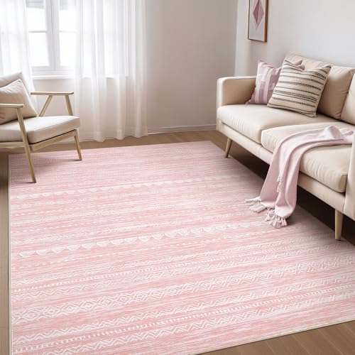 Nakagishi Pink Rugs for Bedroom Girls: 4x6 Washable Boho Large Neutral Area Rug Cute Soft Modern Indoor Floor Non Slip Accent Carpet for Living Room Nursery Kids Playroom Dorm Preppy Baby Room Decor