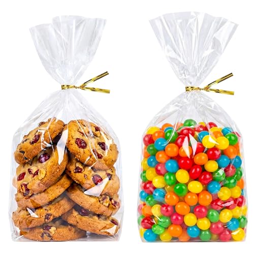 rebucas Cellophane Bags Flat Bottom Cookie Bags Cellophane Treat Bag with Twist Ties for Candy Cookies Popcorn Small Gift Wrapping 50 Pack 6x9 Inches Clear