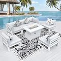 NICESOUL® 7 Pieces Extra Large Aluminum Patio Furniture Set with Fire Pit Table 43" Propane Natural Gas Convertable, 29'' Depth Outdoor Luxury Conversation Sofa Set with Firepit White Gray Color