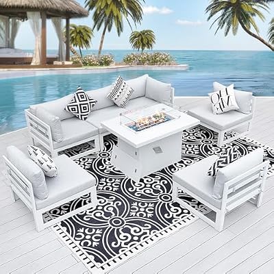 NICESOUL® 7 Pieces Extra Large Aluminum Patio Furniture Set with Fire Pit Table 43" Propane Natural Gas Convertable, 29'' Depth Outdoor Luxury Conversation Sofa Set with Firepit White Gray Color