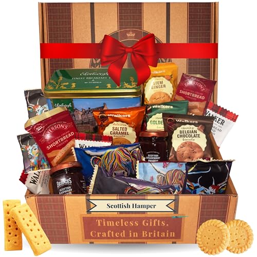 Scottish Gifts Tea and Biscuits Gift Set Afternoon Tea Hamper for 2 Bundle Contains Individually Wrapped Biscuits Edinburgh Teabag Tin and Raspberry & Jam Preserves