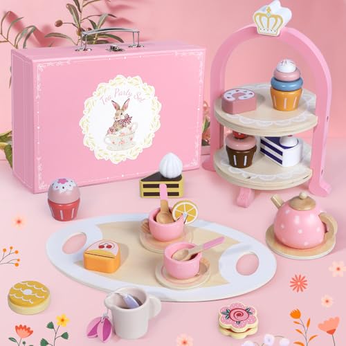 Image of Wooden Tea Party Set for Little Girls, Toddler Girl Gifts Princess Tea Time Toys, Wooden Tea Set Food Dessert, Kids Kitchen Pretend Play, Birthday Valentines Day Gifts for Girls Age 2-5 Years Old