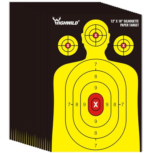 Highwild Shooting Range Silhouette Paper Target - 12X18 Inches - Suitable for Handguns, Rifles, Airguns, BB Guns (50 Pack, Black & Yellow)