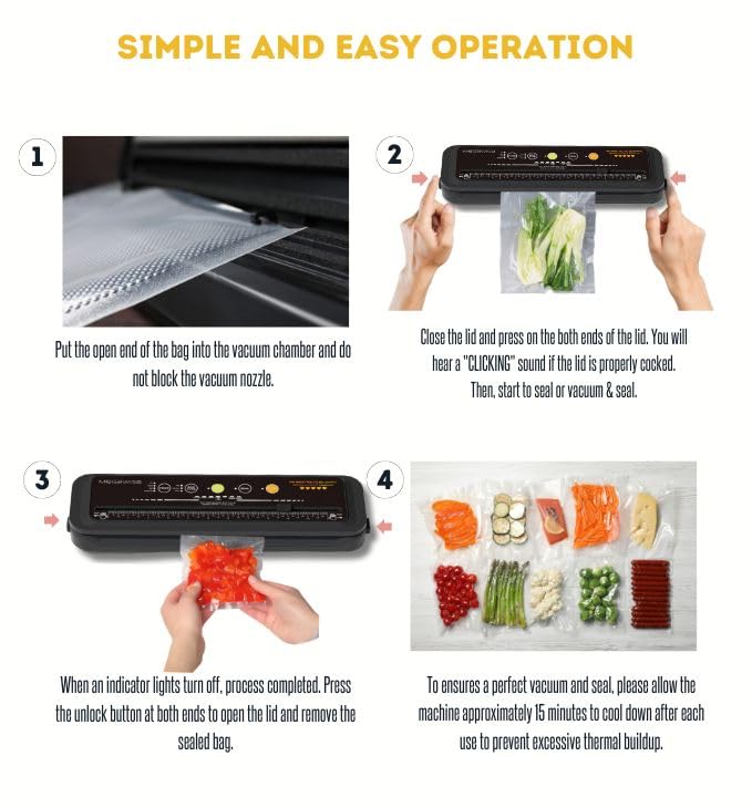 2023 Model B Megawise Powerful & Compact Vacuum Sealer Machine One-Touch Automatic Food Sealer 4 Food Types (Cold Wet Moist Dry) & 3 Bag types (Thick Medium Thin)OMNI MACHINE (Black) - Image 8