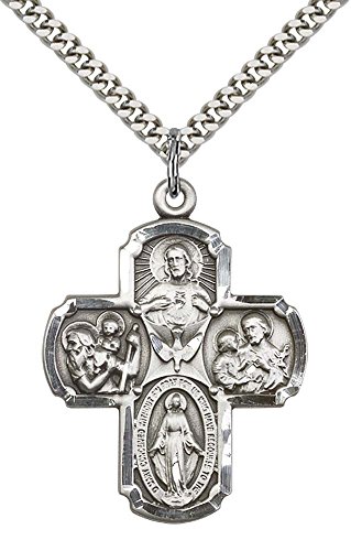 F A Dumont Sterling Silver 4-Way 1 3/8 x 1-inch Pendant featuring St. Christopher and St. Joseph for Men or Women on a 24-inch Light Rhodium Heavy Curb Chain
