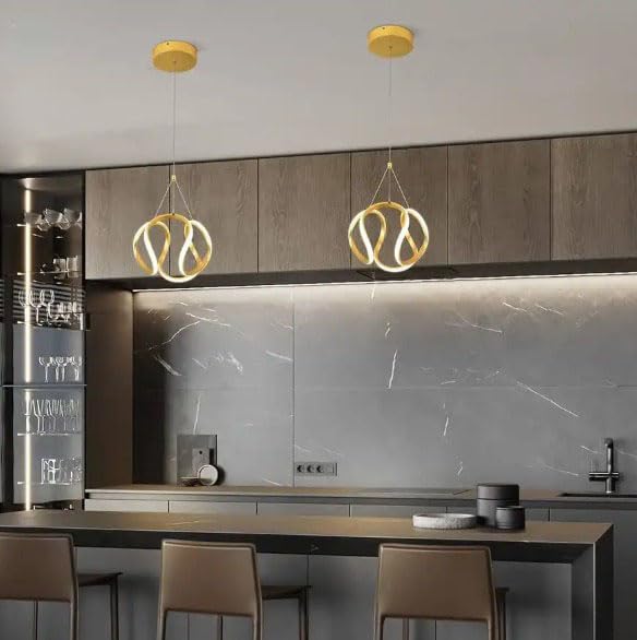 Image of Modern Curvy Gold Finish Spiral Shape Energy Saving Led Pendant Hanging with 3 Different Color Mode (Warm White, Cool White, Neutral White) for Bedroom, Living Room, Restaurants, Dining, Home