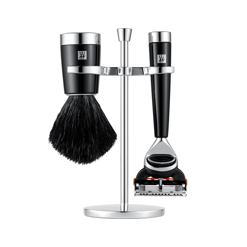ZWILLING Set di rasoi con rasoio (3 pezzi con pennello da barba e supporto, adatto alle lame Gilette Fusion, set regalo), nero