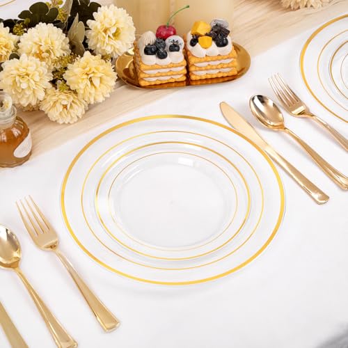 Image of I00000 200 Pcs Clear Gold Plastic Plates - Disposable Party Plates, Gold Plate Disposable Include 100 Dinner Plate and 100 Dessert Plate, Plastic Plate for Party, Holiday, Wedding & Birthday