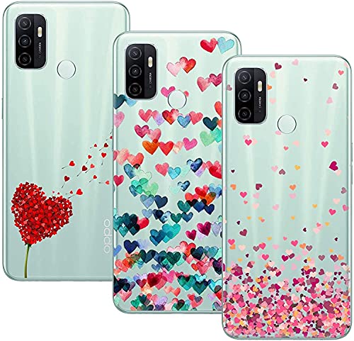 Funda para OPPO A53s/OPPO A53, (3 Pack) Transparente TPU Carcasa Delgado Anti-Choques con Dibujo de Corazón Cover