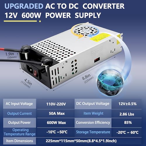 Image of 110V 120V to 12V Converter 50A 600W, AC to DC 12V Power Supply SMPS, 12 Volt DC Transformer High Current for LED Strip, 3D Printer, CCTV, Motor, Pump, Air Compressor(12V-50Amp-600W, 12V)