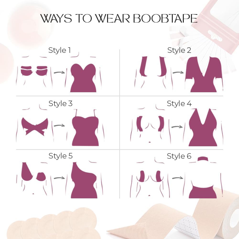 Boob Tape - Cinta para levantamiento de senos con 2 tapas reutilizables para pezón (invisible, con 10 cubiertas desechables para pezones, 20 cintas de moda, sin sujetador)