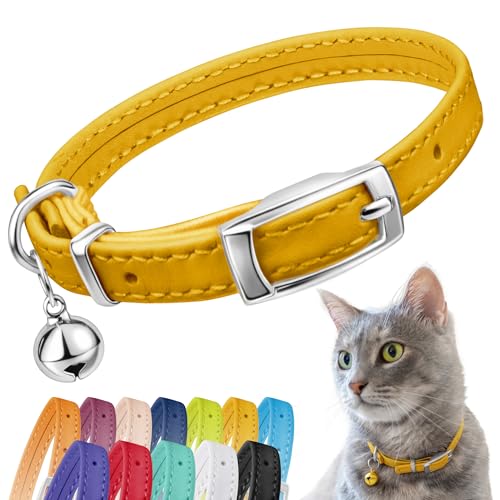 Image of CollarDirect Leather Cat Collar, Cat Safety Collar with Elastic Strap, Kitten Collar for Cat with Bell Black Blue Red Orange Lime Green (Neck Fit 9 inch-11 inch, Yellow)