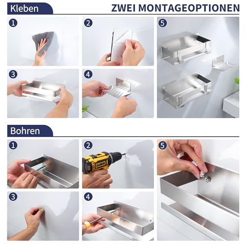 YIGII Duschablage ohne Bohren, 3 Stück Edelstahl Badezimmer Organizer mit Großer Kapazität, Selbstklebende Duschregal mit Seifenschale und 4 Haken, Badregal Shampoo Halterung für Dusche, Silber