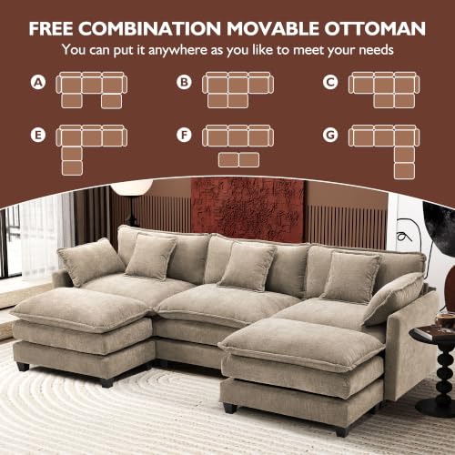 Image of Ihanherry 111.4 inch U Shaped Modern Sofa Modular Sectional Luxurious and Comfortable with 2 Ottoman, 5-Seat Chenille Deep Seat Sofa with Pillow for Living Room, Bedroom and Apartment, Sand