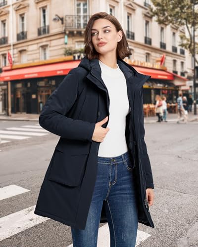 33,000ft Damen Wintermantel Lange Warme Winterjacke Parka Regenjacke Verdickene Funktionsjacke Mit Kapuze Übergangsjacke Outdoorjacke, Juwel Blau L
