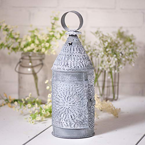 It Weathered Zinc Punched Tin Baker's Lantern, Country Candle Holder