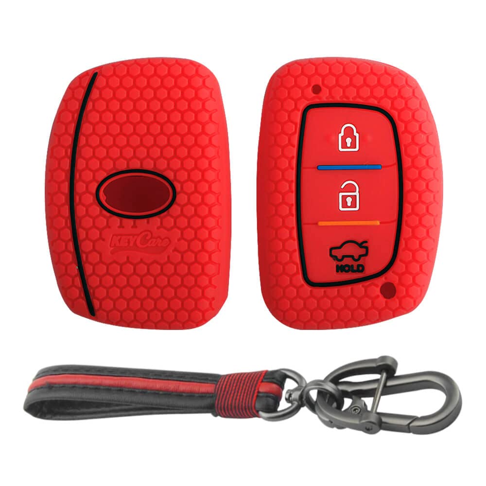 Keycare Silicone Key Cover and Keyring Compatible for Hyundai i20, Creta, Exter, Aura, Xcent, Tucson, Elantra 3 Button Smart Key (Red with Red/Black Full Leather Keychain)