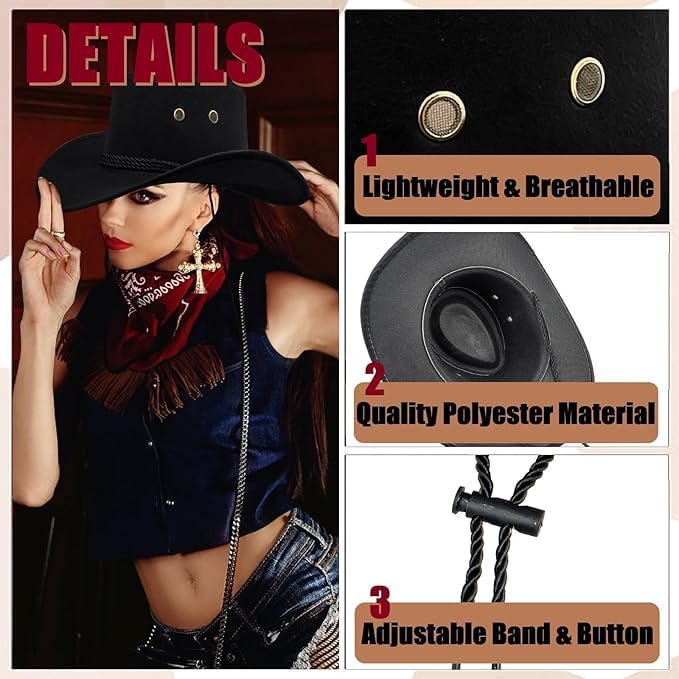 MALLOOM Lot de 6 Chapeau de cowboy avec bandana, chapeau de cowgirl avec cordon de serrage réglable, Noir costume pour adulte, accessoires de fête, chapeau de cowboy pour fête