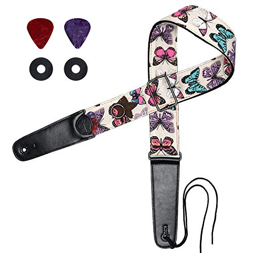 Eyeshot Guitar Strap Adjustable Denim Print Guitar Strap with Genuine Leather End, Acoustic Electric Bass Soft Cotton Guitar Strap with Strap Locks & Strap Picks