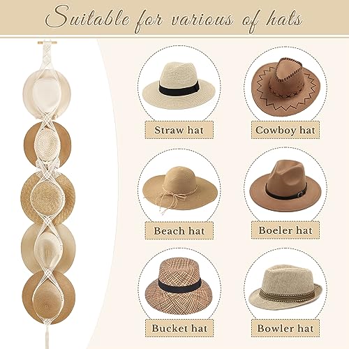 Dahey Macrame Hat Hangers Hat Rack for Wall Cowboy Hat Organizer Hanging Display Hand Weaving Bobo Hat Holder Westen Decor for Wide Brim Hats Bowler Fedora Hats, 5 Hats Style by Dahey - Image 6