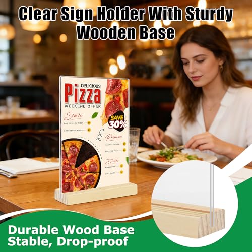 Support menu A5 plexiglas double face avec base en bois pour signalétique de comptoir