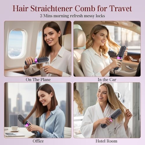 Image of Go Brush Pro Cordless Hair Straightener Brush - Portable Rechargeable Ceramic Styling Brush with 4 Adjustable Heat Modes & LED Display, Perfect for Travel & Everyday Use (Black)